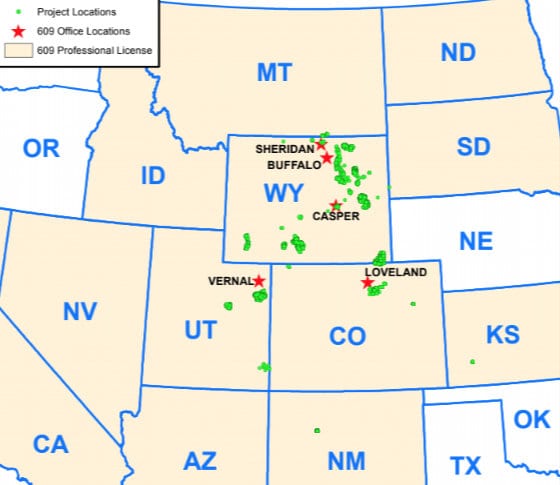 Map of the Rocky Mountain states showing 609 project locations concentrated in Wyoming, northern Colorado and eastern Utah, with office markers at Sheridan, Buffalo, Casper, Vernal and Loveland